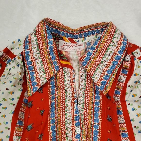 Vintage 70s Red Boho Belted Tunic Collared Smock Sleeveless Floral Shirt L/XL - Picture 8 of 10
